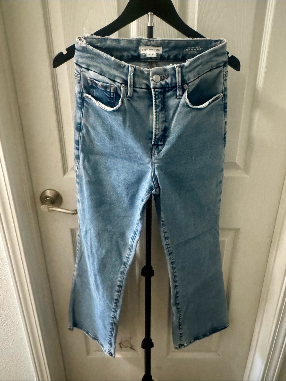 Good American Light Blue Flared Crop Jeans